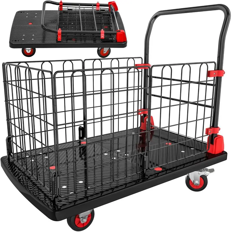 

Platform Truck Cart with Cage, 42 x 26 in 1000LBS Capacity Folding Cart with Wheels,Heavy Duty Hand Moving Cart,Foldable Dolly C