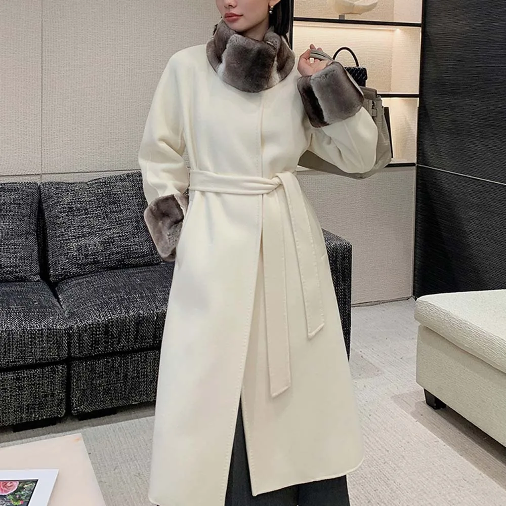 2025 Winter Women Thick Warm Cashmere Coat Elegant Black Overcoat Lace-up Patchwork Mink Fur Woolen Coats - Image 6