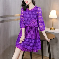 2024 New Purple Silk Mesh Flower Embroidered Long sleeved Dress for Women's Fashionable Loose Large Size Slimming Mini Dress