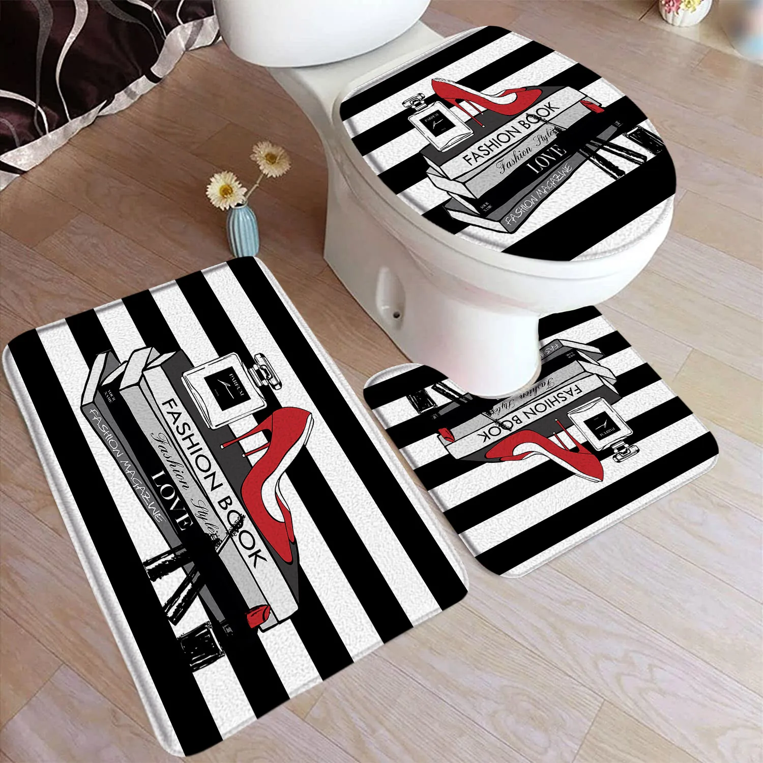 Pink High Heeled Perfumed Bath Mat Set Fashion Lipstick Floral Black White Striped Home Carpet Bathroom Decor Rugs Toilet Cover