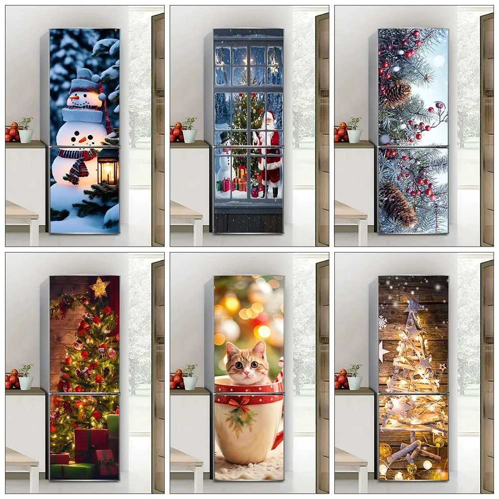 

Cute Kitten Sitting on Cup Christmas Fridge Door Sticker Waterproof Xmas Santa Claus Elk Pattern Refrigerator Decoration Poster