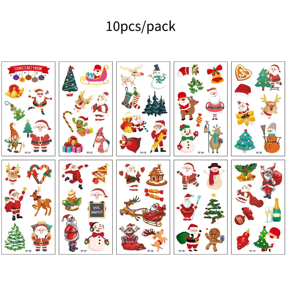 10pcs Christmas Body Decoration Tattoo Stickers Cartoon Santa Claus Snowman Christmas Tree Fake Tattoo Christmas Gifts