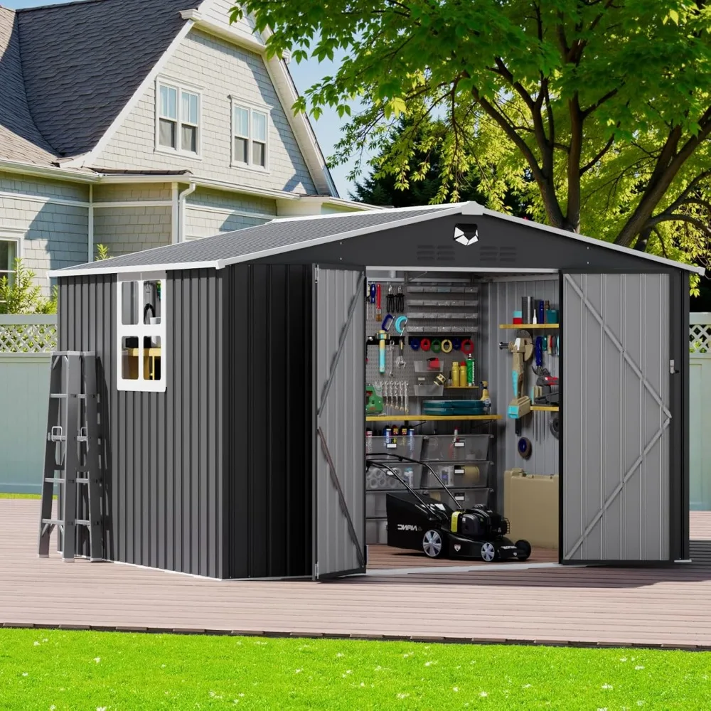 

10x8 foot outdoor storage shed, metal garden shed - tool storage shed with lockable door and 1 transparent window