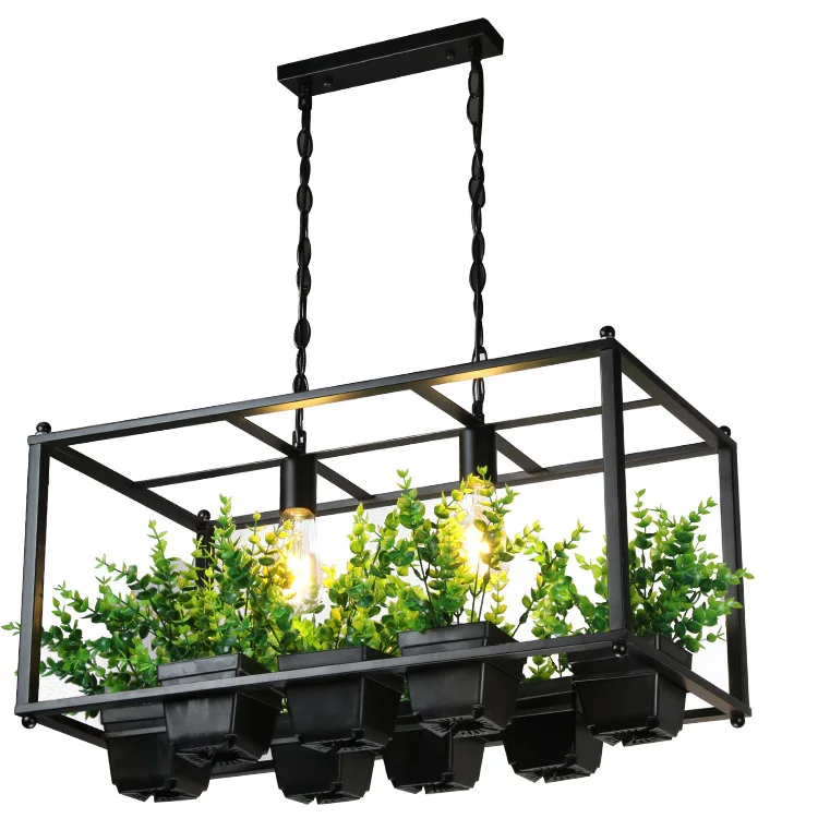 Nordic Matte Black / White Wrought Iron Fame WitImitated Green Plant Potty E27 LED Bulbs Chain Cdelier For Living Room