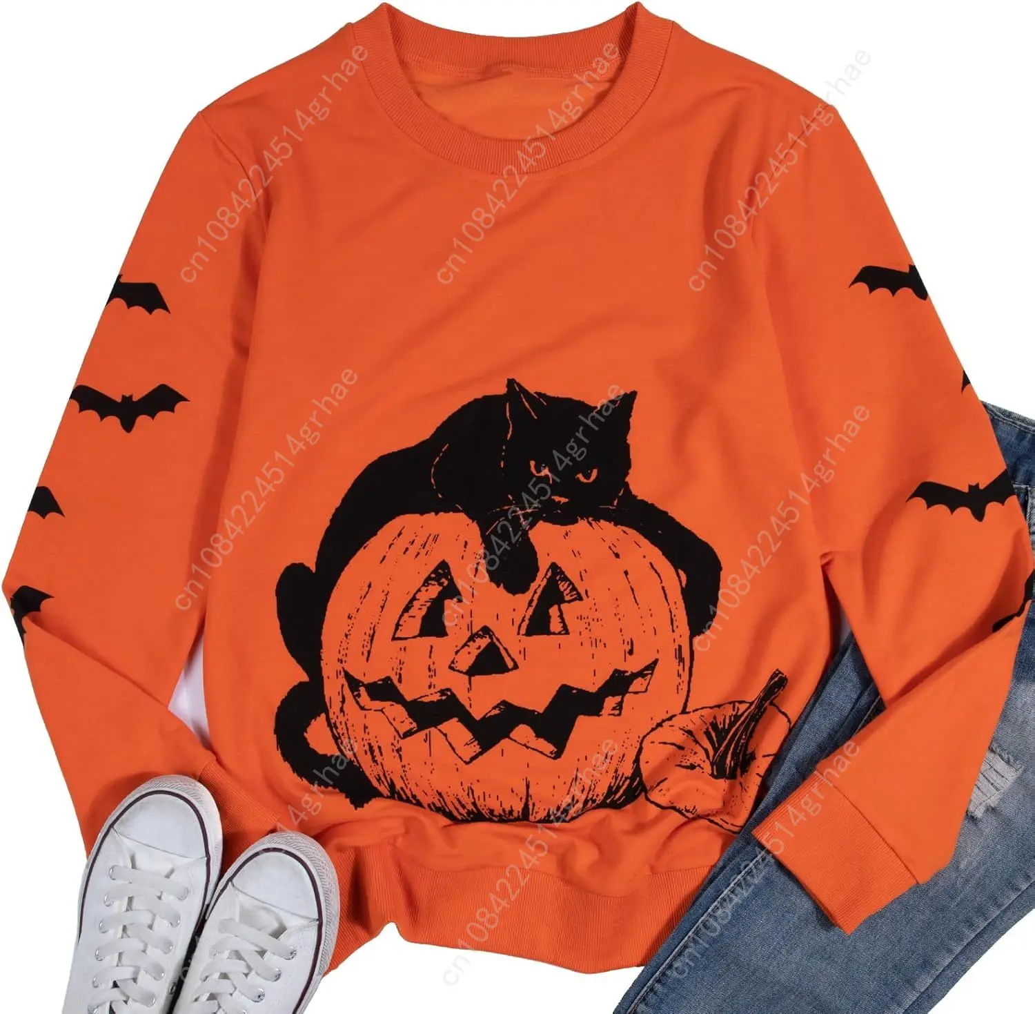 Gato preto em abóbora moletom moletom de Halloween para mulheres outono abóbora rosto camiseta leve pulôver tops
