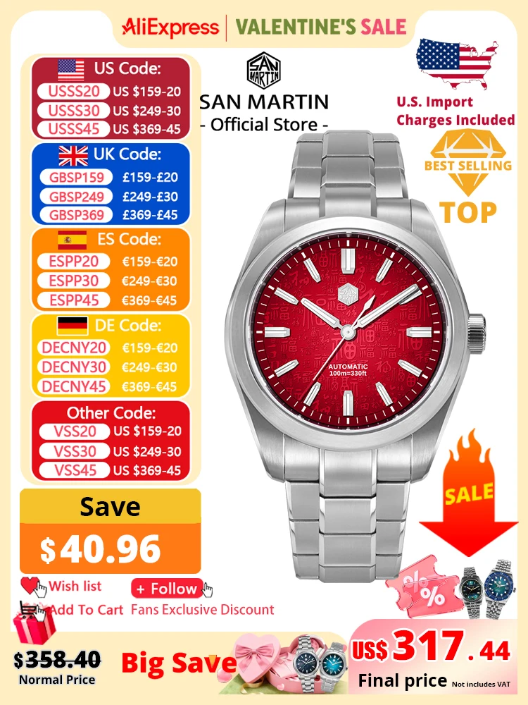 San Martin 39mm estilo chino 3D "Fu" cien bendiciones Dial Miyota 9039 hombres reloj mecánico automático diseño Original SN0144