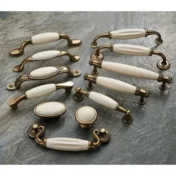 Zinc Alloy Antique Bronze Ceramic White Cabinet Handles Drawer knobs Wardrobe Door Handle European Furniture Hardware