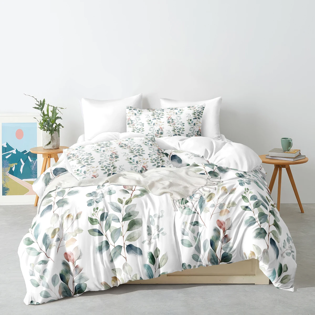 Botanical Bedding Set Green leaves Duvet Cover Set Skin Friendly Nature Printed Bed Cover for Boys Girls Teens