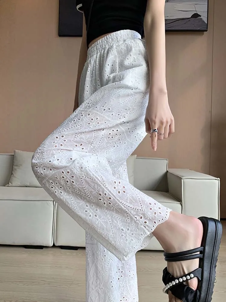 Summer New Solid Color Hollow Out High Waist Women\'s Pants Long Fashion White Black Vintage Slim Straight Wide Leg Troussers