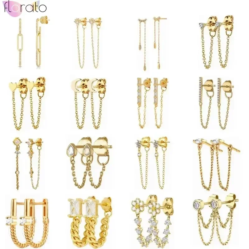 Pendientes de tuerca con cadena colgante de cadena de Metal con aguja de Plata de Ley 925 para mujer, pendientes de cristal delicados, joyería fina