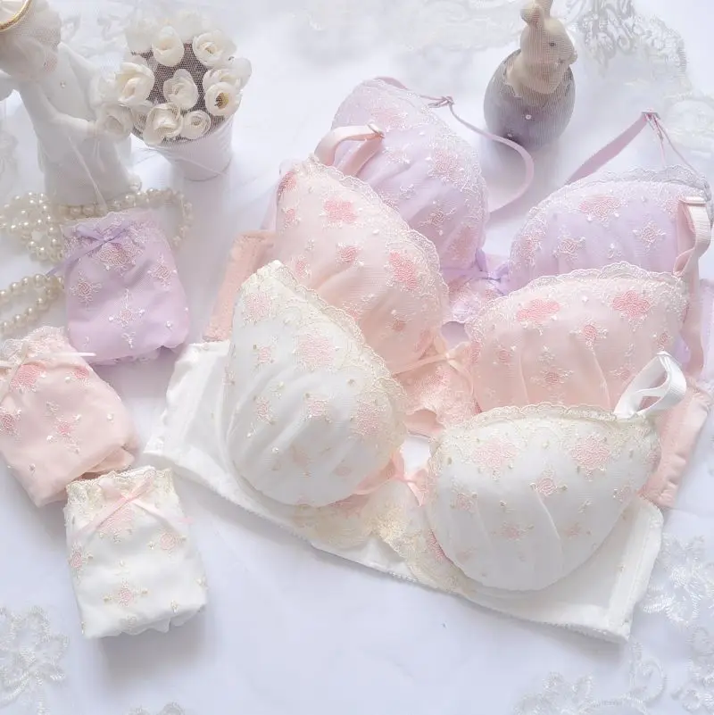 Cute Embroidered Three-Color Japanese Style Bra Set Thin Cup No Sponge Youthful Summer Underwear Cotton Pad Removable Straps