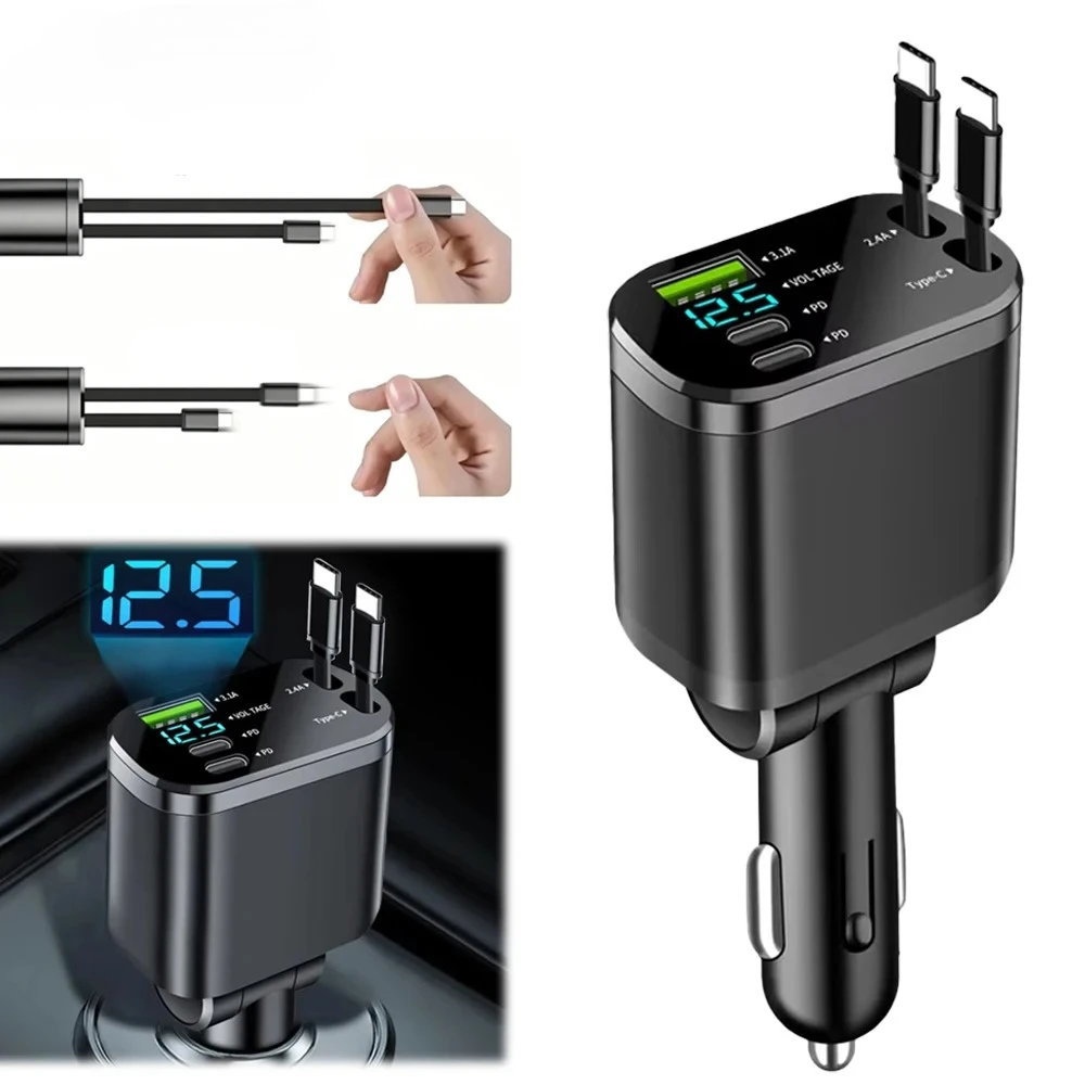 150W 5IN1 Retractable Car Charger Fast Charging Cord USB Cigarette Lighter Adapter For iPhone Samsung Car Accessories