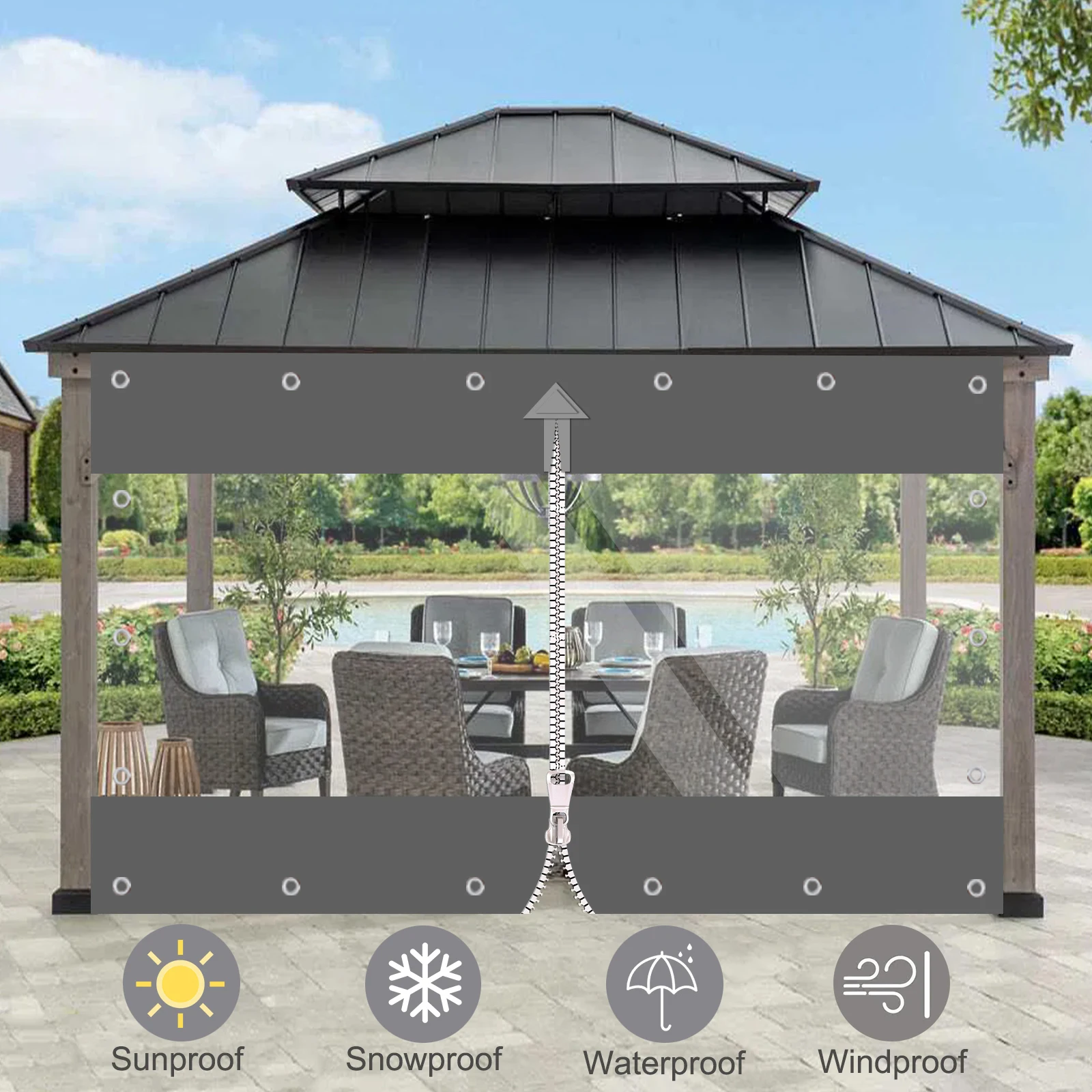 قماش القنب مقاوم للماء عالي التحمل مع سحاب 650 جرام/م2 قماش مشمع شفاف مانع لتسرب الماء ستارة PVC خارجية لمرآب عريشة الشرفة