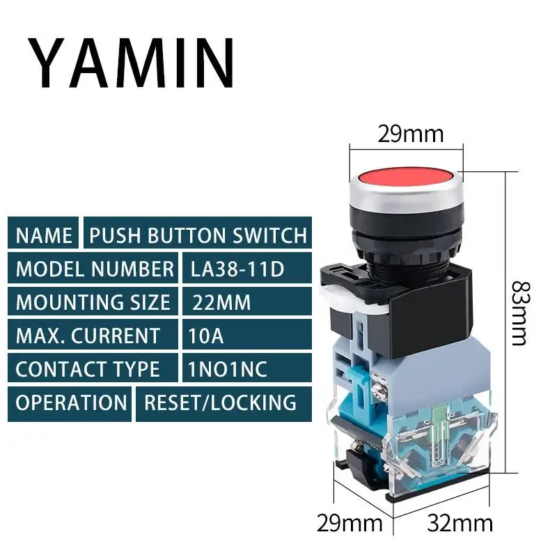 Picture 3: 22mm Mounting LA38-11D 11DN Push Button Switch With LED Lamp Reset Self-Locking Flat Head Control Circuit Power