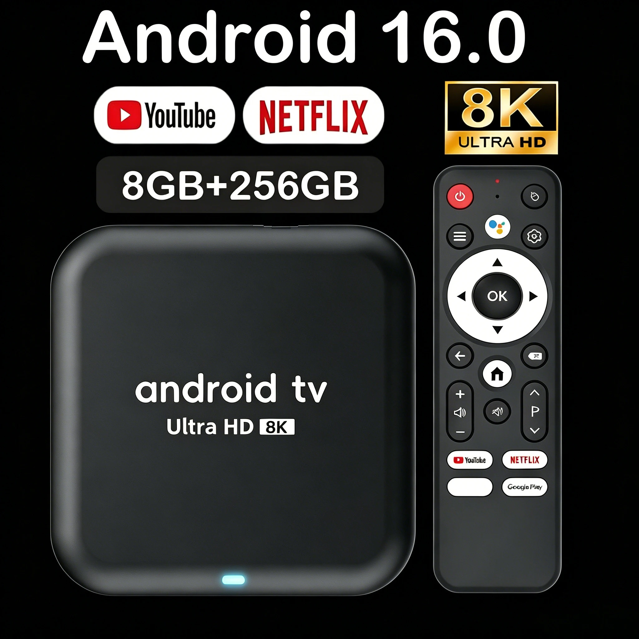Smart TV Box Android 16 con 8GB+256GB, Rockchip RK3518 Q18, Asistente de Google, Reproductor Multimedia con Video 8K, Bluetooth 5.4, Receptor de TV Muy Rápido