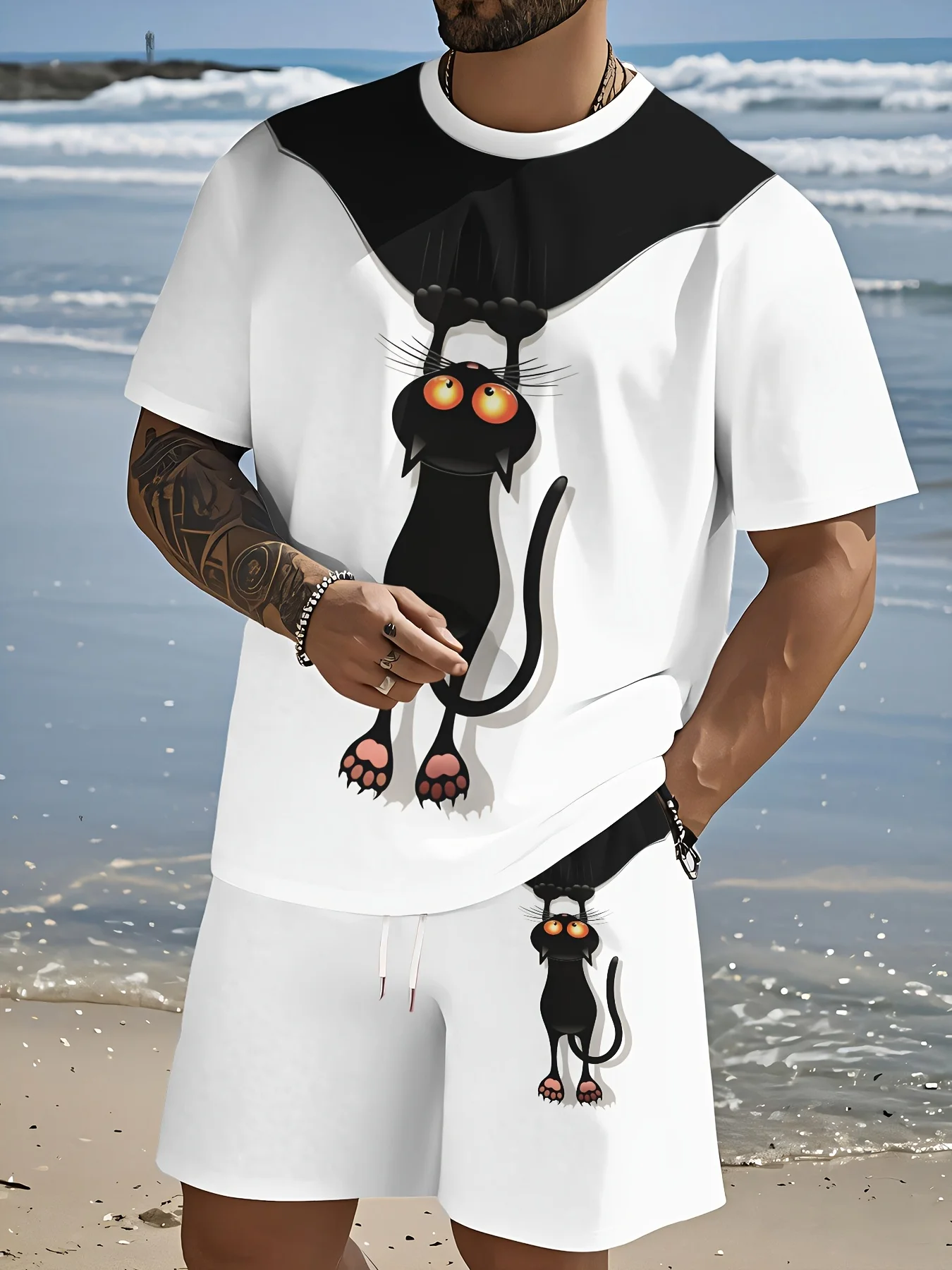 

2025 Summer New Street 3D kitten pendant pattern printed casual fashionable soft and comfortable men's set