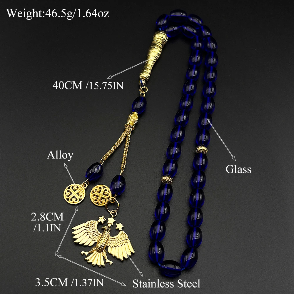 Syrisches Nationalemblem Symbol Adler Sterne Auto-Anhänger Edelstahl Syrien Blaues Glas Ovaler Tasbih Gebetsperlen Kette Schmuck – Detail 1