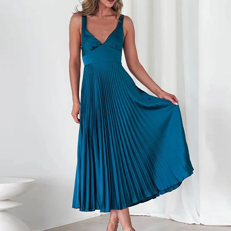 

Women V-neck High Waist Pleated Long Dress Casual Summer Hollow Sleeveless Commuting Dress Elegant Temperament Slim Party Dress