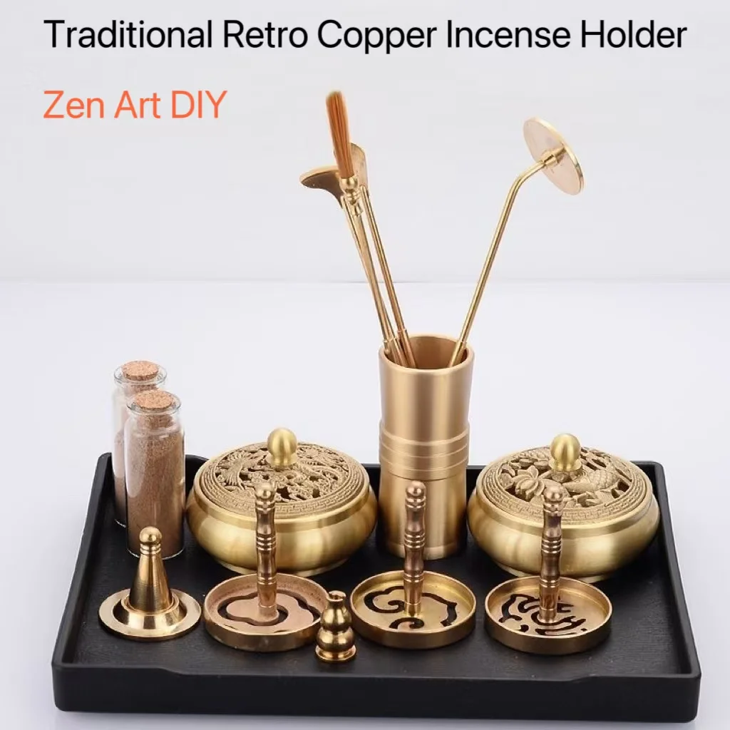 Pure Copper Incense Holder Set Home Office Tea House Handmade Incense Stove Tools Traditional Zen Fragrance Art Xmas Gifts DIY