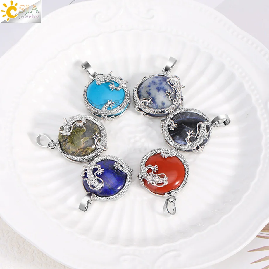 CSJA Natural Stone Pendants for Women Crystal Round Beads Mixed Colors Suitable DIY Handmade Necklace Lucky Healing Jewelry F305