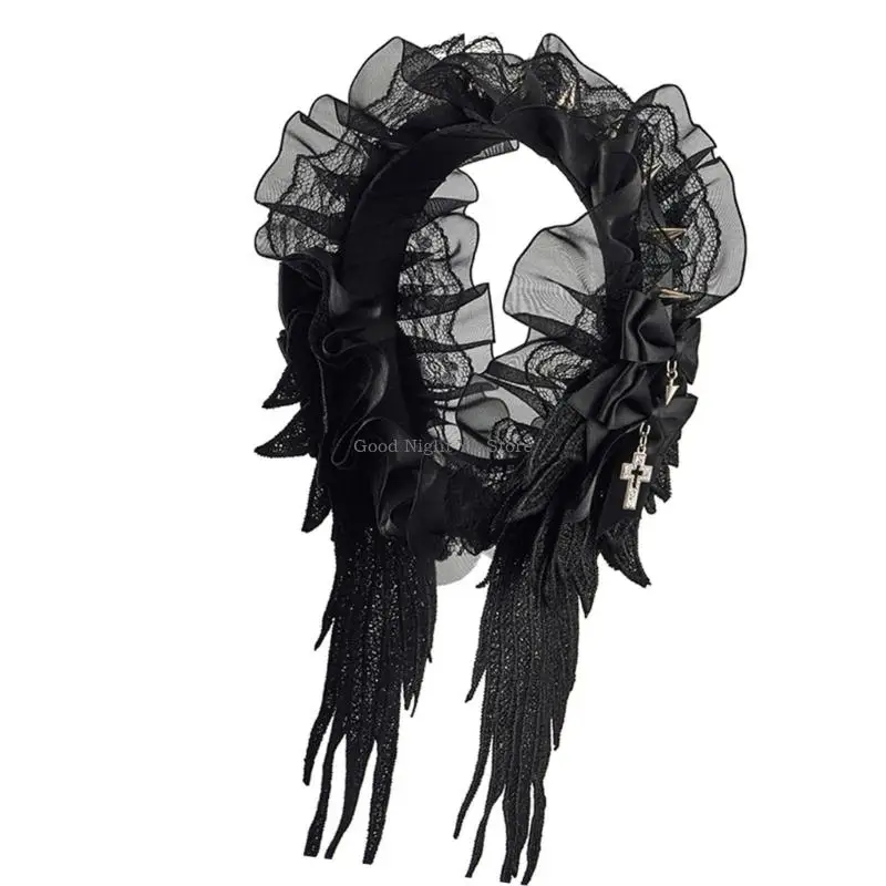 

Stylish Gothic Headwear Hairband With Ruffled Lace And Winged Angel Design