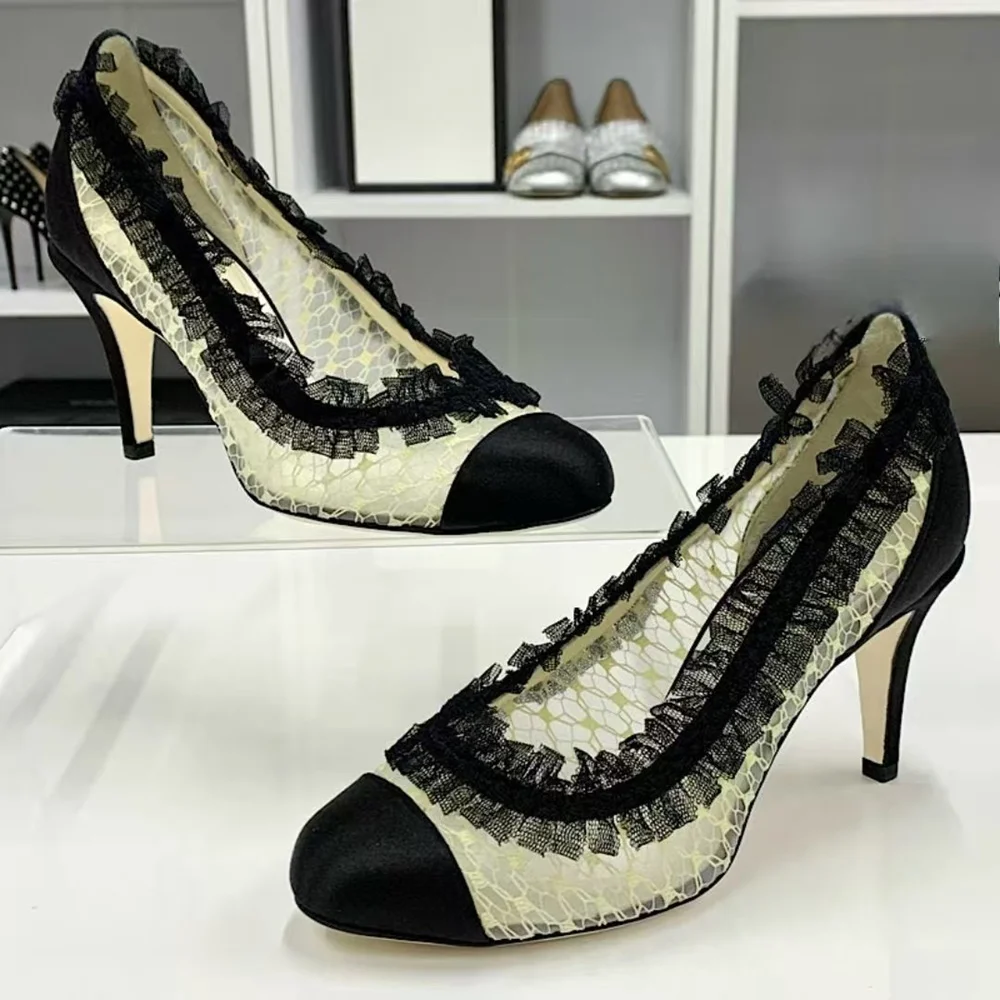 

Elegant Black Ivory Lace Pointed-Toe Pumps Sweet Ruffled Trim Stiletto Heel Satin Cap Toe Sheer Intricate Fabric for Lady Looks