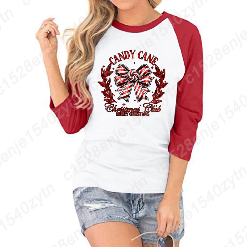 Candy Cane Christmas Club Merry Christmas Print Shirt Women Summer Round Neck T Shirt Fashion Casual Three Quarter Sleeve Shirts