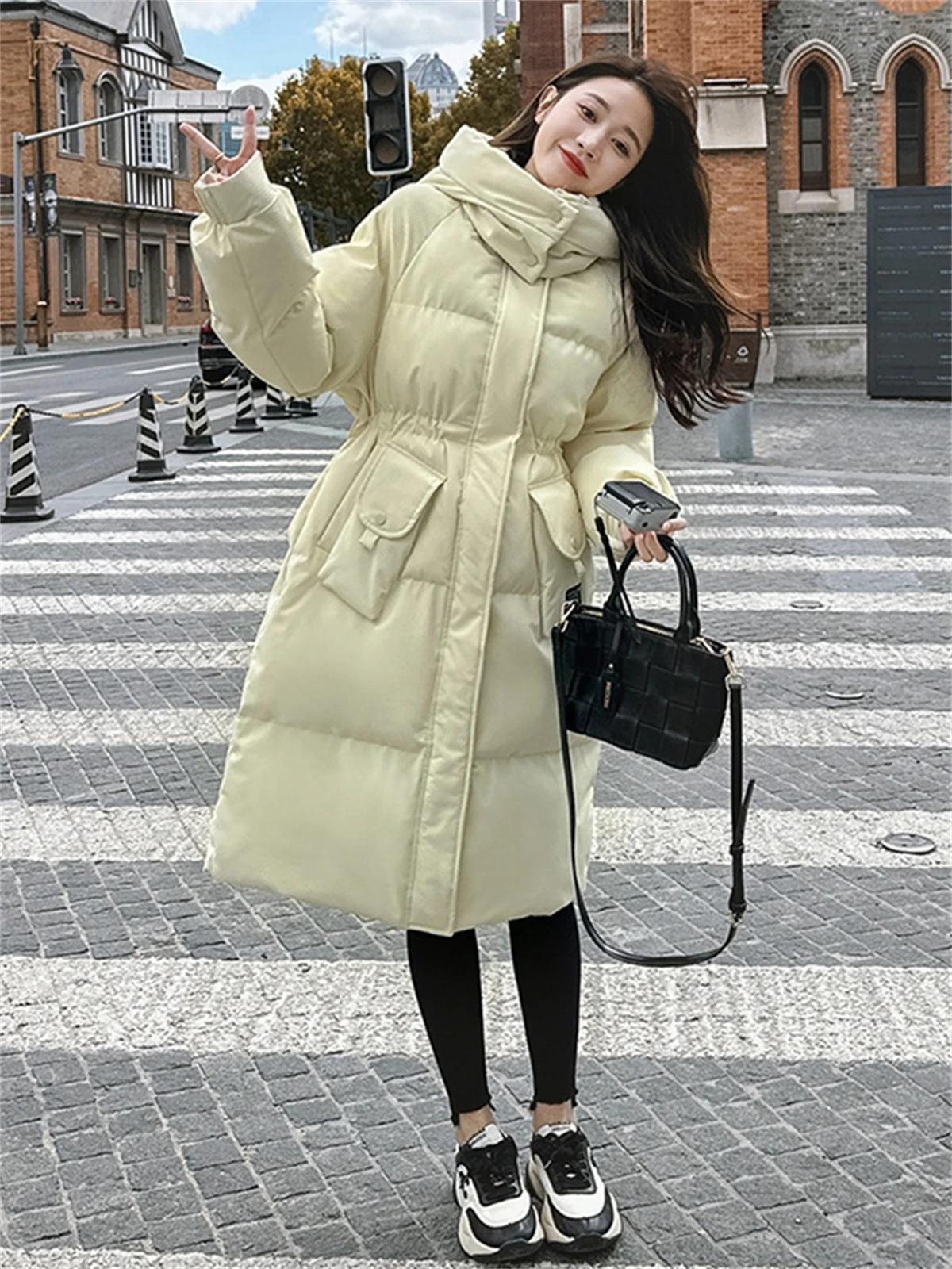 Women's Waist Cinched Hooded Cotton Jacket, Cotton Padded Jacket, Knee Length Design, Small Size, New Korean Version, 2024
