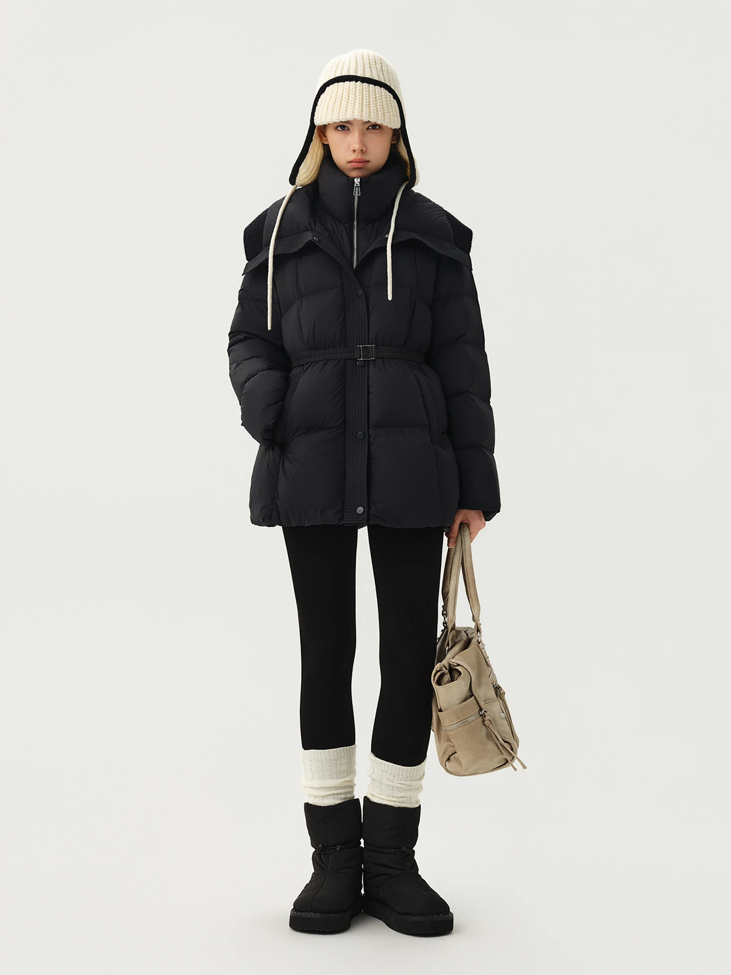 DUSHU Women Thick Down Jacket Big Lapel Stand Collar Belted Waist Mid Length Warm Coat Heavyweight Puffer Commute Outerwear New