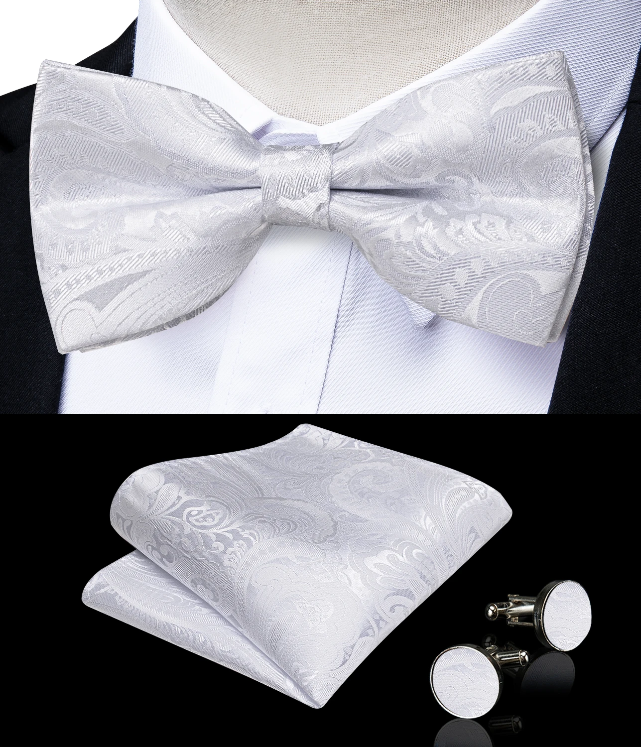 Chaleco blanco liso para hombre, conjunto de pajarita, gemelos y pañuelo, accesorios para boda, novedad