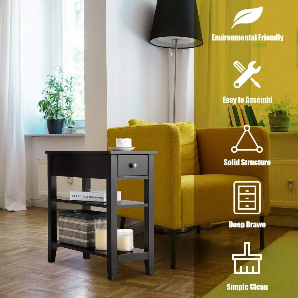 3-Tier End Table with Drawer and Double Shelves for Living Room Storage