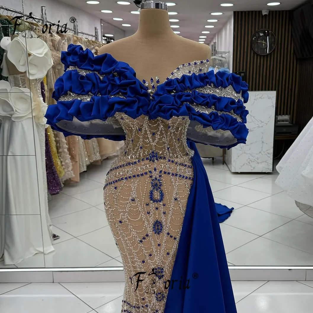 Elegant Blue Prom Dress 2025 Beads Crystal Ruffled Shoulder Formal Evening Gown Customized robes longues soirées élégante 2025