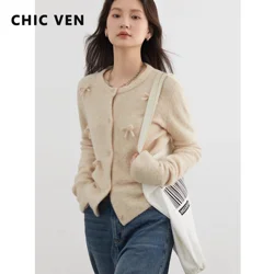 CHIC VEN Korean Women Cardigan Slim New Butterfly Knot Woolen Sweater Knitted Sweaters Solid Female Jumpers Autumn Winter 2024