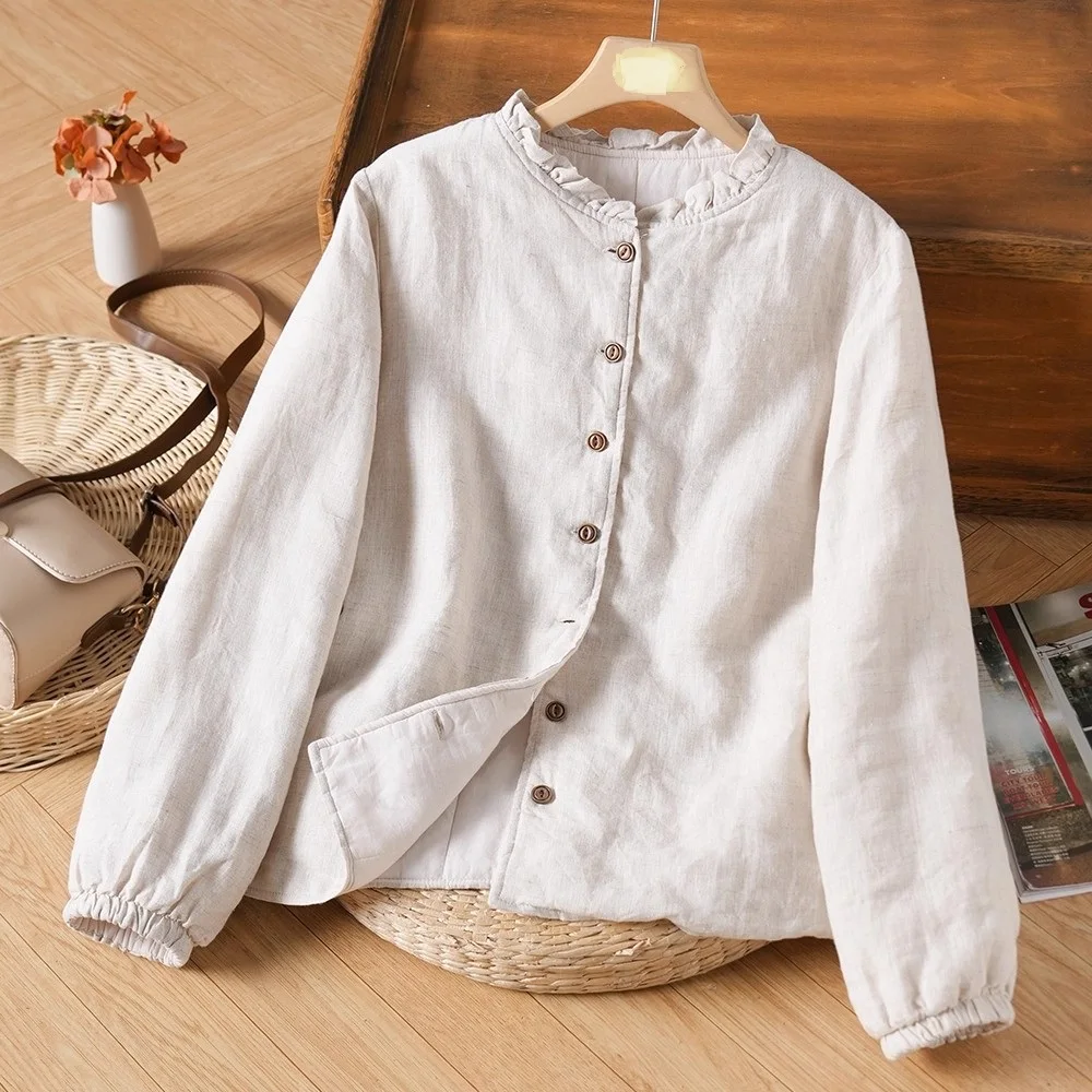 

Утепленная хлопково-льняная куртка на осень-зиму, однотонная, с воротником-стойкой, короткое хлопковое пальто в художественном стиле, для повседневной носки и поездок на работу