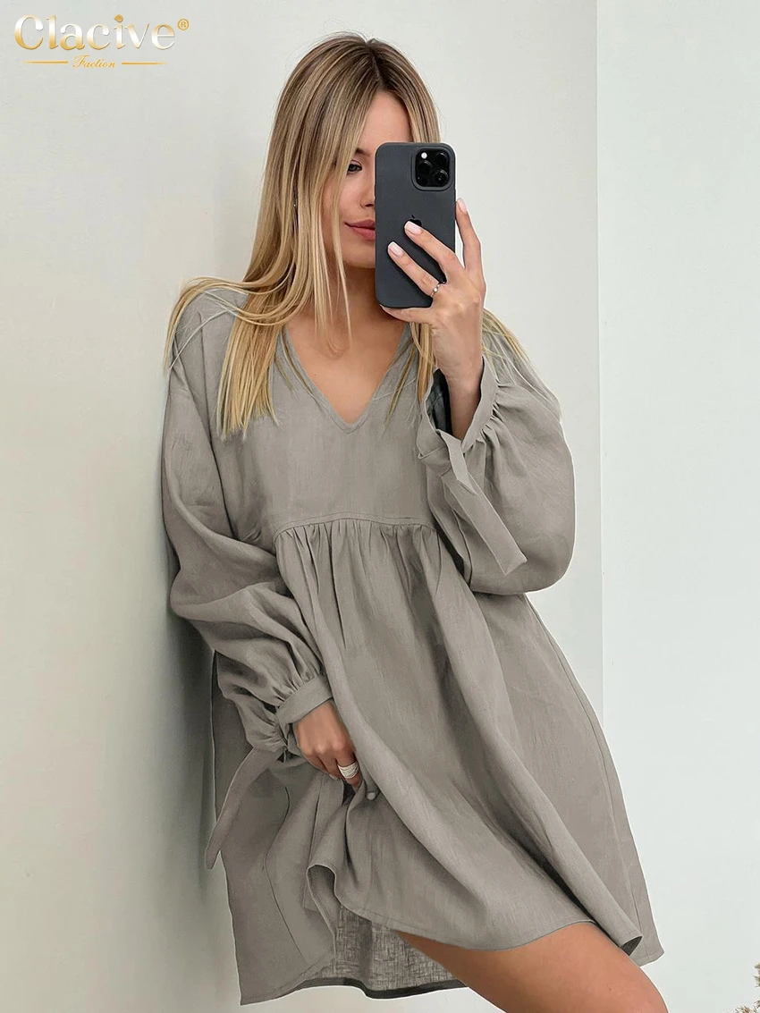 

Clacive Fashion Loose Brown Cotton Women's Dress 2024 Casual V-Neck Long Sleeve Mini Dresses Elegant Classic Solid Female Dress