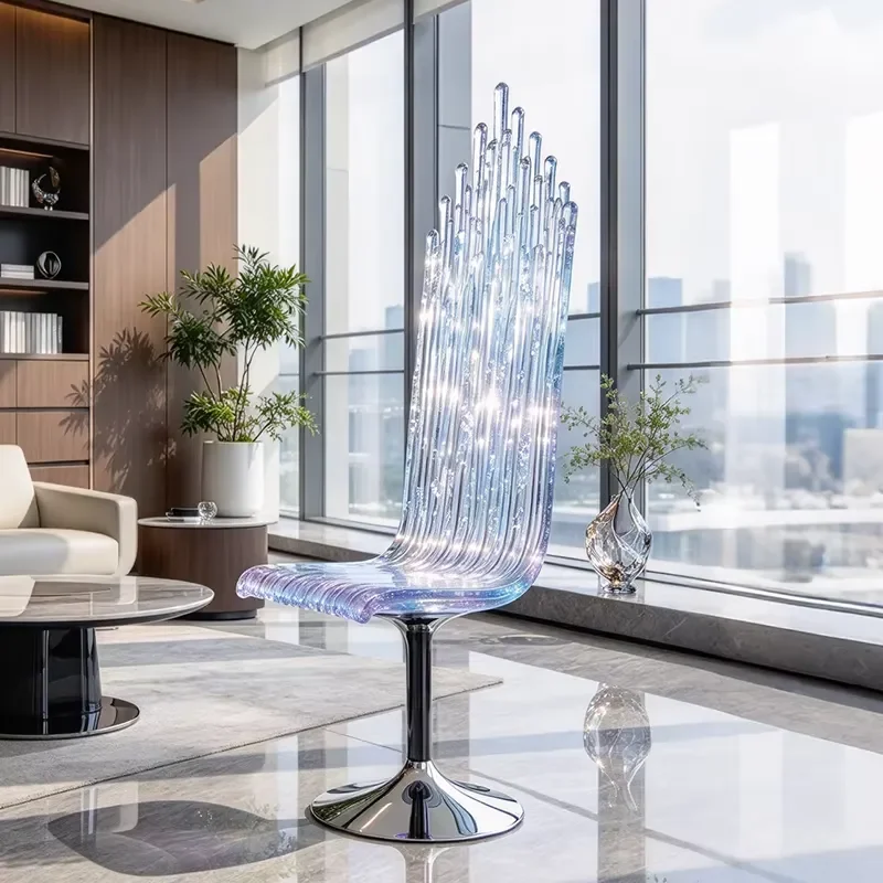 Gradual Change Blue Transparent Resin High Back Art Chair with Built-in LED Light for Lobby Wholesale Supply