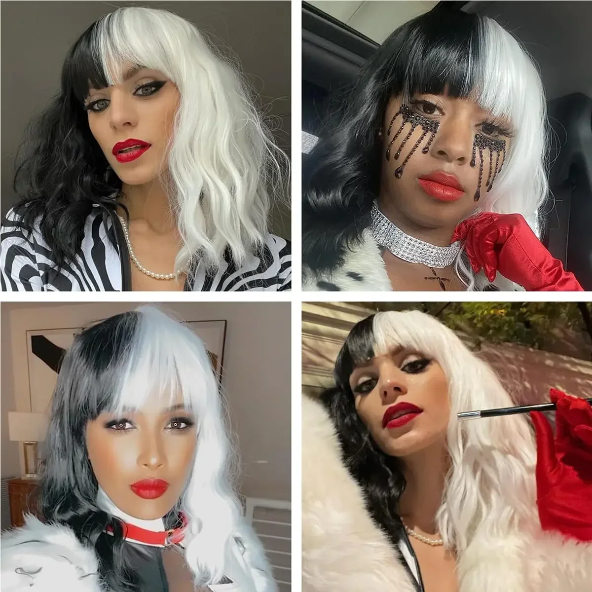 クルエラ デビル ウィッグ 黒と白のクルエラ ウィッグ 女性用 クルエラ デビル コスチューム ショート ウェーブのかかった かわいいウィッグ クルエラ コスチューム パーティー用