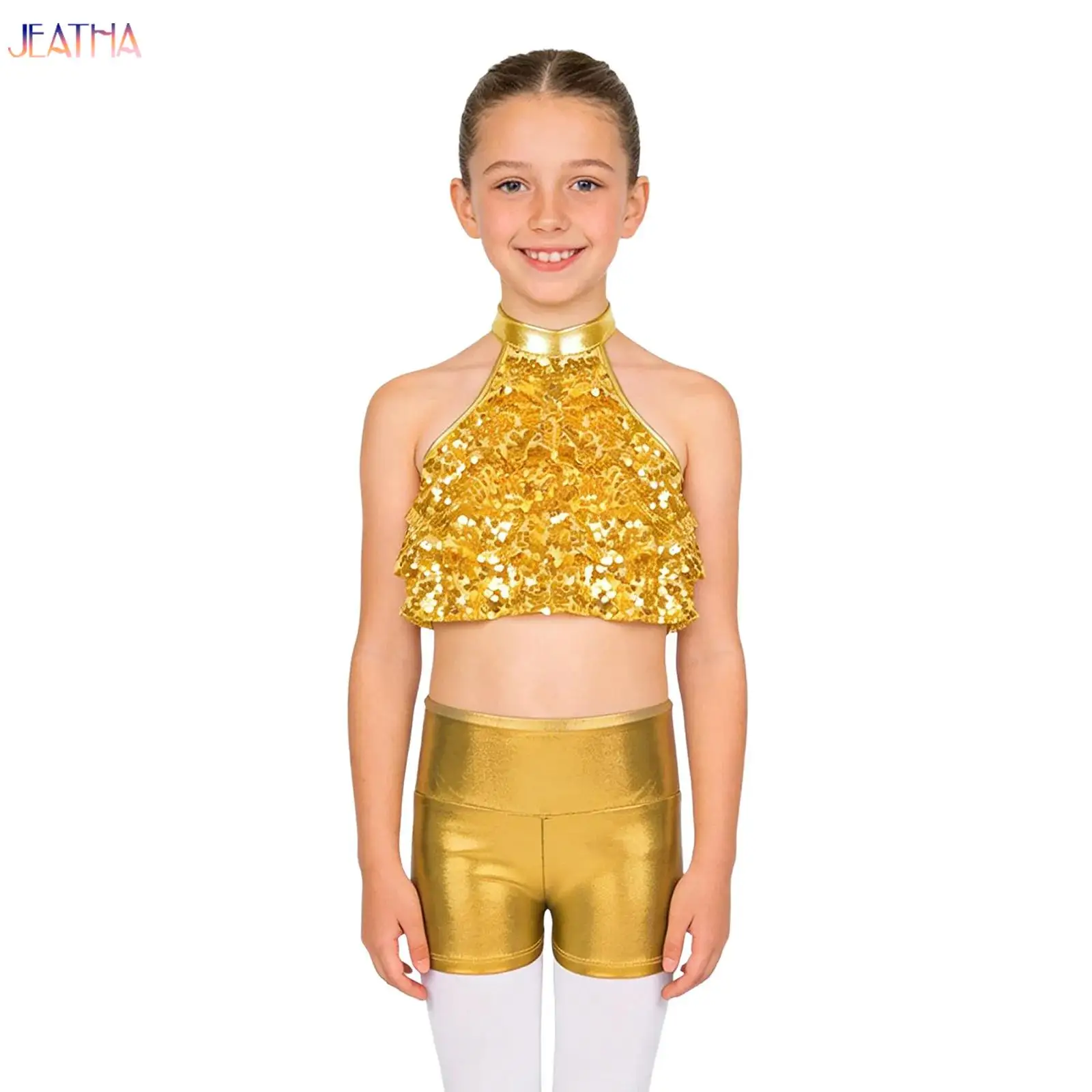 

Kids Girls Shiny Tassels Set Jazz Latin Dance Costumes Outfit For Rumba Chacha Samba Hip Hop Competition Performance Dancewear