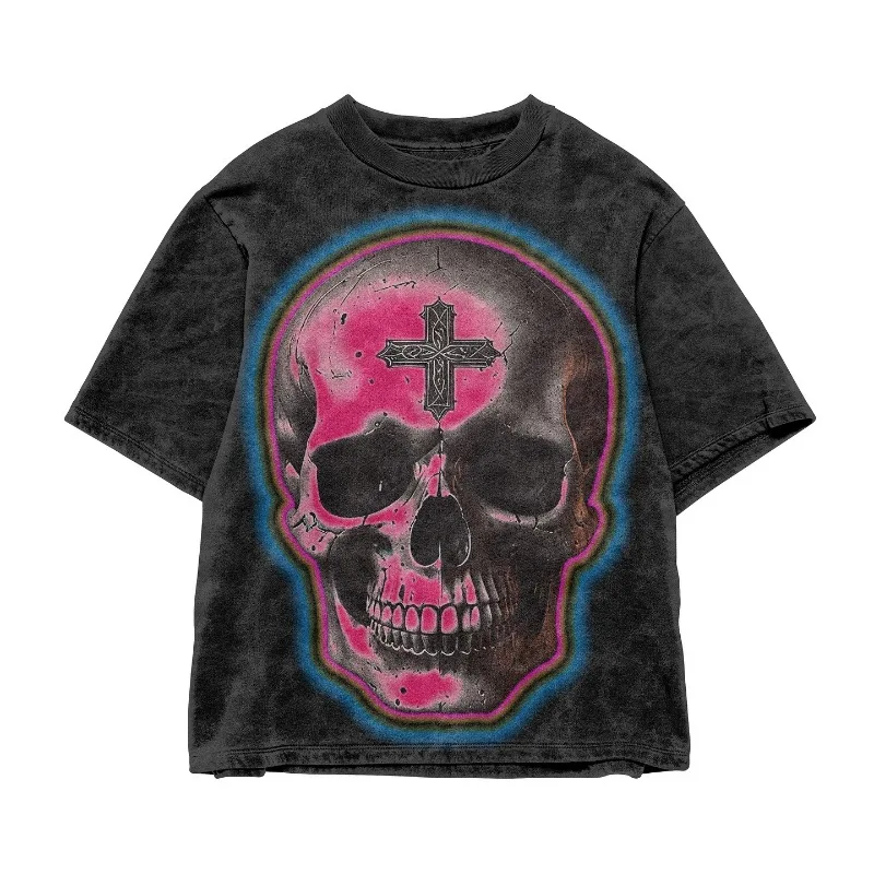 Y2K American New Gothic Super Skull Washed Make Old Short-sleeved Men High Street Vintage Hip Hop Leisure Sports Couple T-shirt