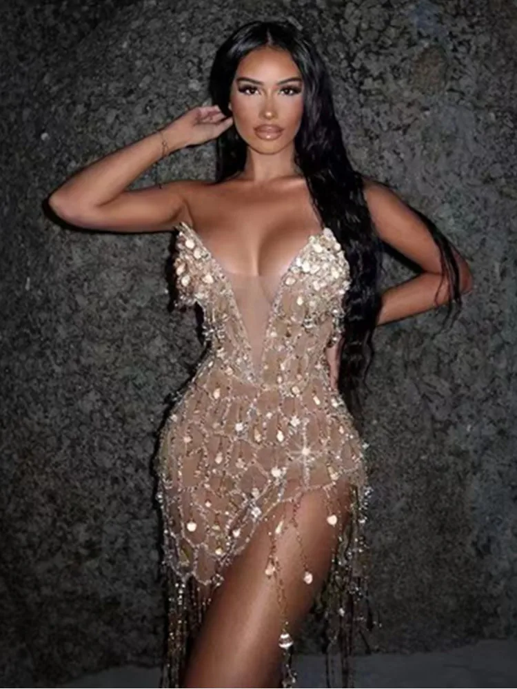 Women Sexy Strapless Backless Crystal Sequins Mini Bodycon Dress 2024 Elegant Party Evening Stage Performance Dress Vestido