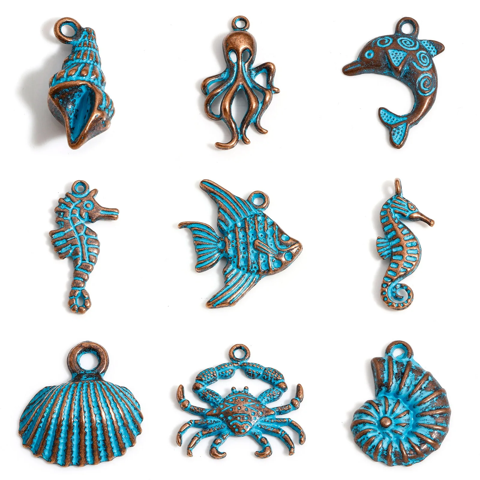 20pcs Vintage Ocean Jewelry Charms Antique Copper Blue Patina Fish Shell Pendants DIY Necklace Earrings Women Jewelry Findings