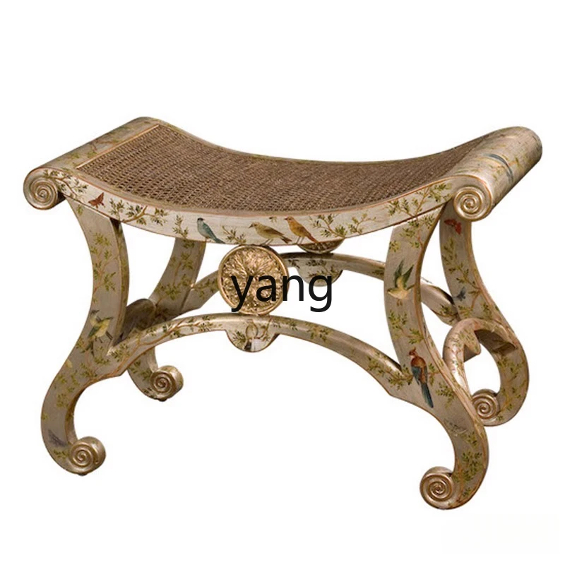 CX  French luxury elegant solid wood carving painted flower and bird fabric small stool low stool