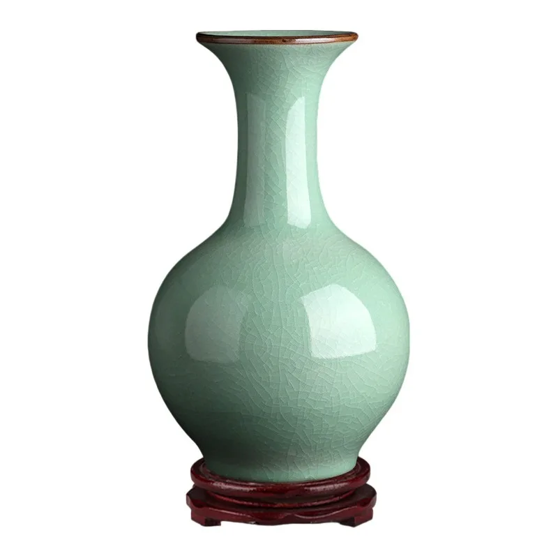 Jingdezhen ceramic vase Chinese retro bean green crack vase winter melon bottle home ceramic handicraft ornament