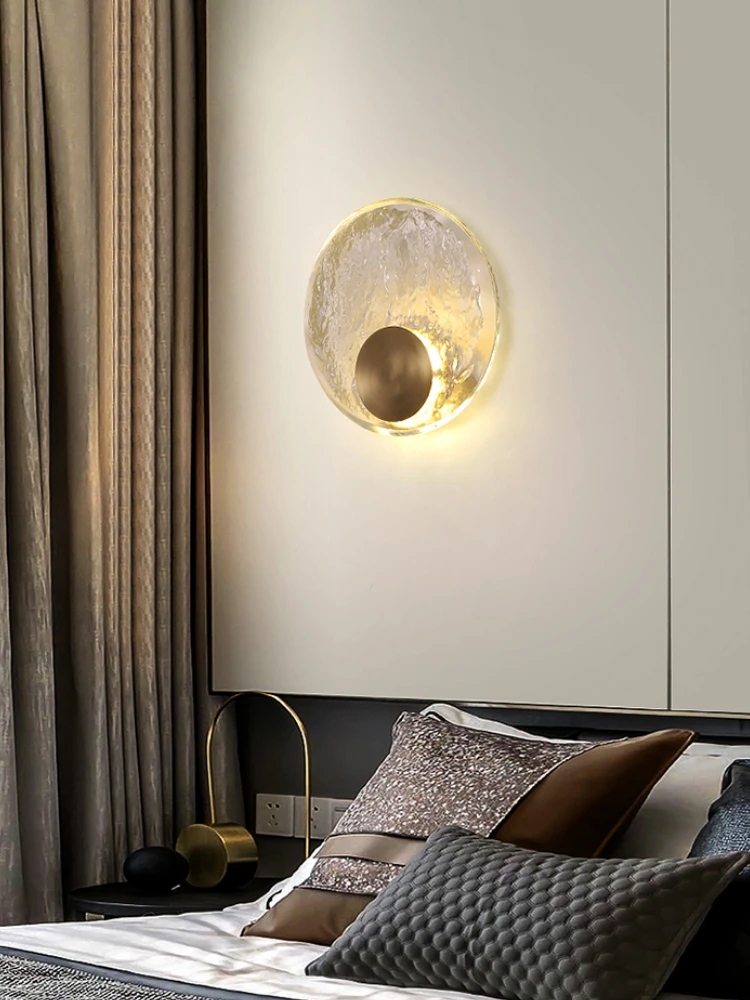 Light Luxury All Copper Crystal Bedside Wall Lamp Creative Art Bedroom Living Room Sofa Background Personalized Circular Lamp