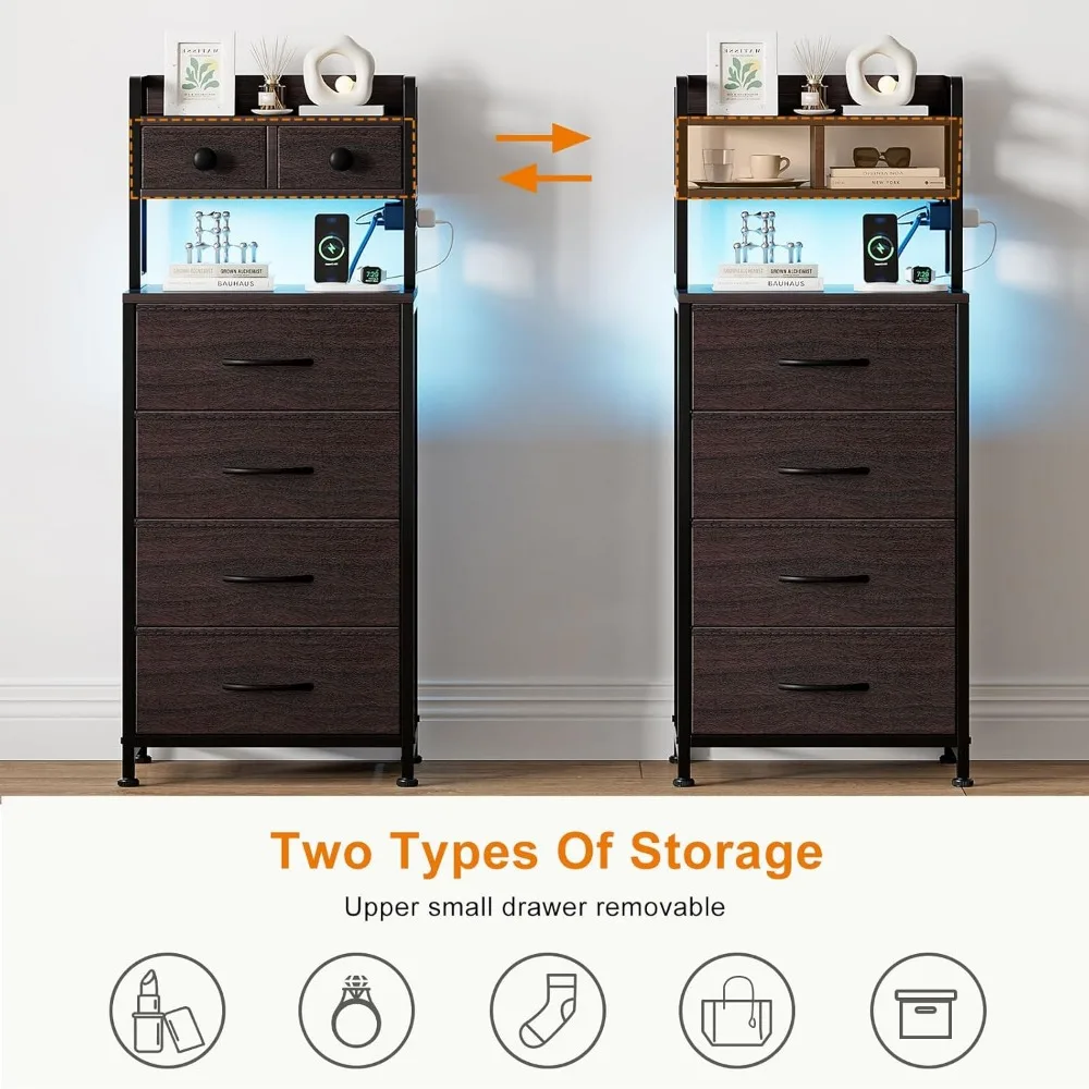 41-Zoll-Nachttisch mit Ladestation, LED-Nachttisch mit 6 Stoffschubladen, Nachttisch mit 3-stufigem Holz St