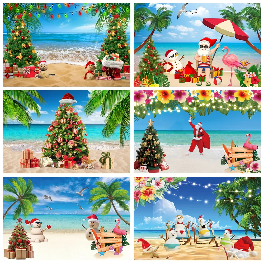 

Hawaiian Tropical Beach Christmas Backdrop Christmas Tree Gift Seaside Xmas Family Decor Photography Background Photo Studio