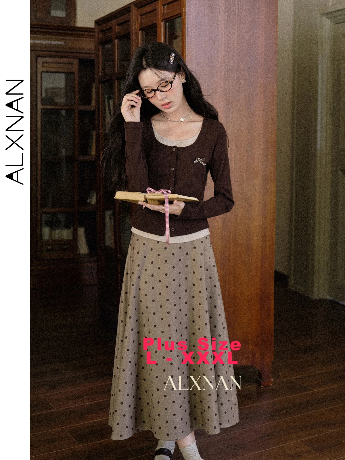 

ALXNAN Plus Size Brown T-shirt Women's Long Sleeve Fake Two-piece Patchwork Cotton T-shirts Office Lady Slim-fit Tops D12829