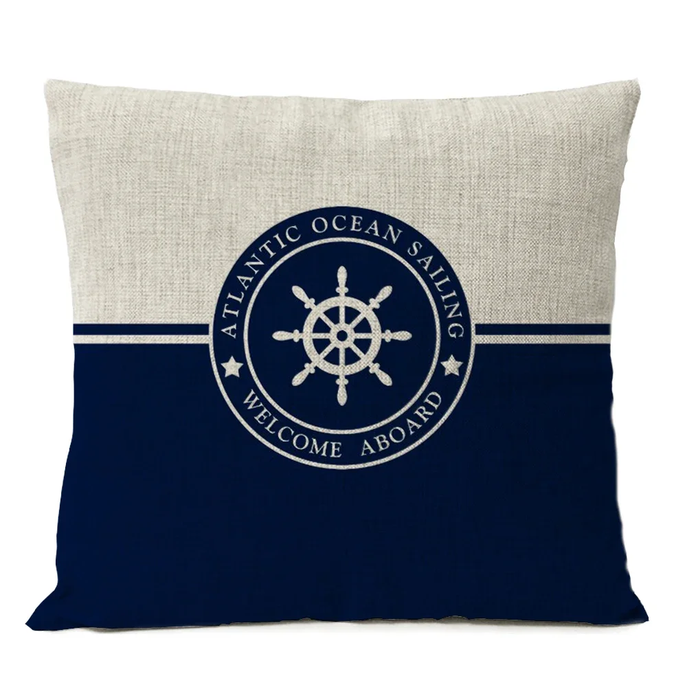 Home Decorative Navigation Blue Compass Anchor Pillow Cover Nautical Shell Fish Linen Pillow Case Mediterranean Cushion Cover