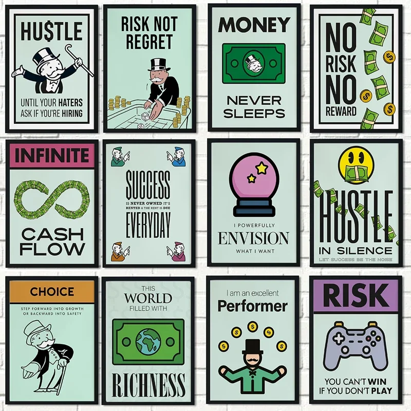 Imagen de dinero monopolio de millonario moderno, Mural de dibujos animados, póster motivacional, pintura en lienzo y impresiones artísticas de pared de habitación, decoración del hogar