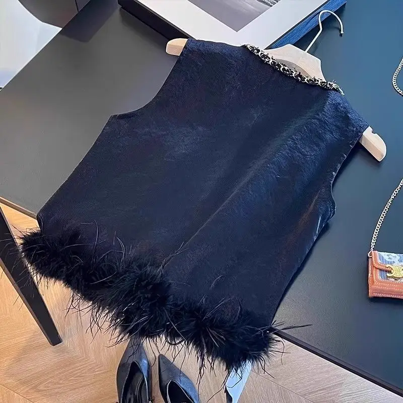 Luxury High-quality Feather Vest Black Sleeveless Cardigan Women Spring Autumn Jacket Short Top Vintage Coat Layering Outerwear